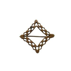 Antique Brass Diamond Shaped Openwork Brooch Pin C-Clasp